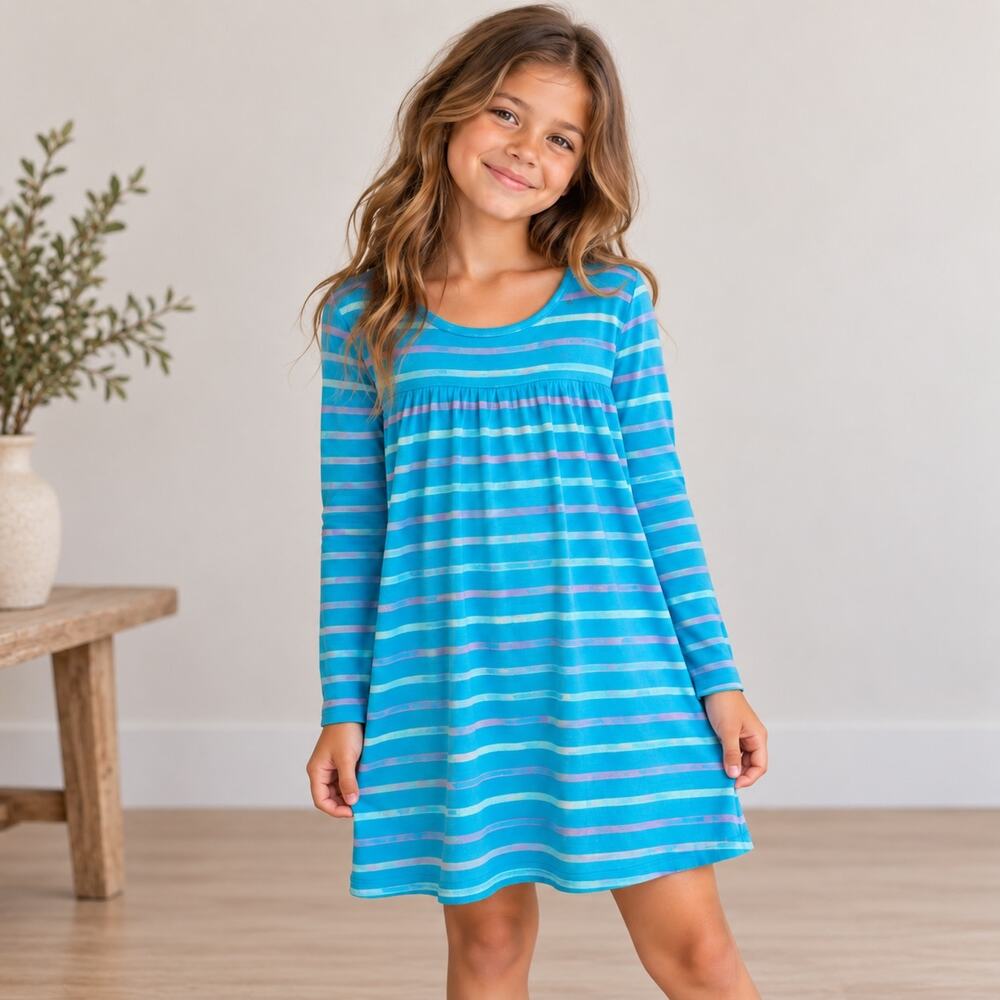 Hanna Andersson Blue Pink Stripe Knit Long Sleeve Dress 130 / 8